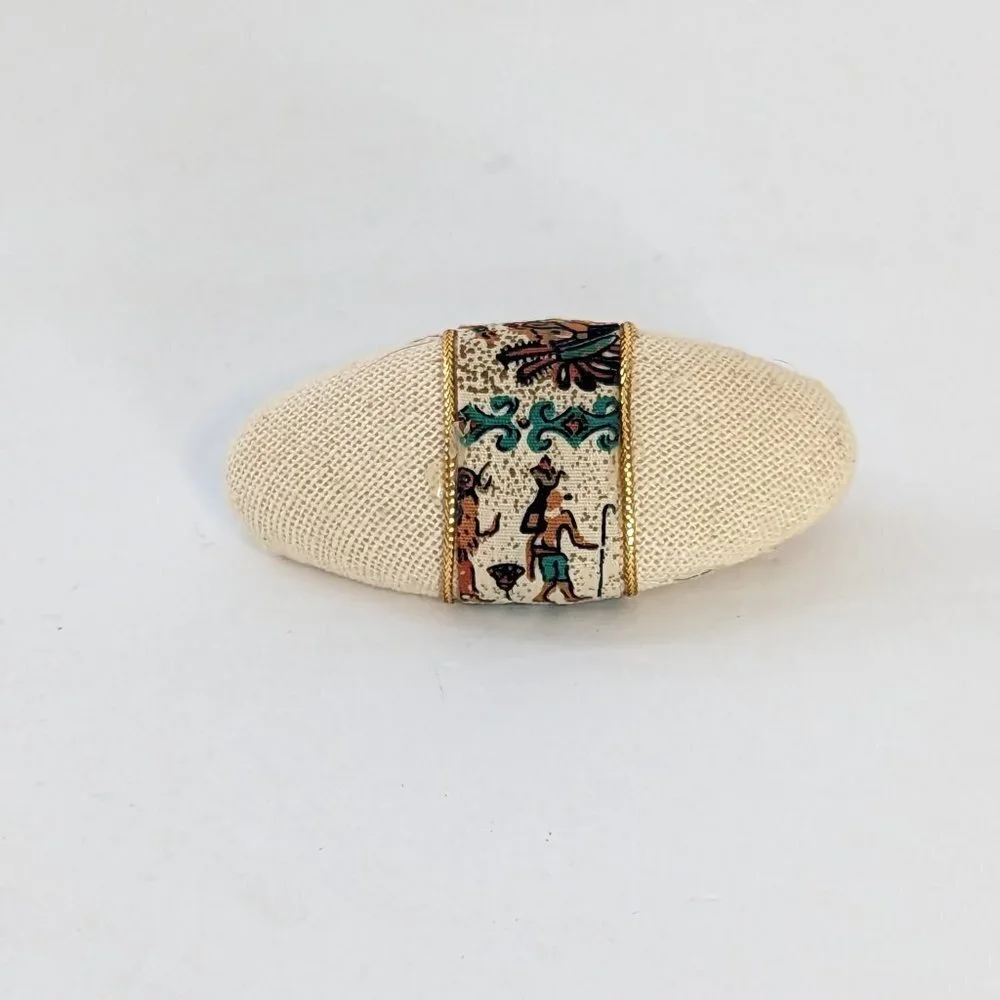 Vintage Egyptian Barrette Hieroglyphs 80’s Hair Fabric White‎ & Gold